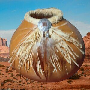 Desert Southwest Gourd Home Decor Pyrography Outsider Art Raffia Feathers 8"